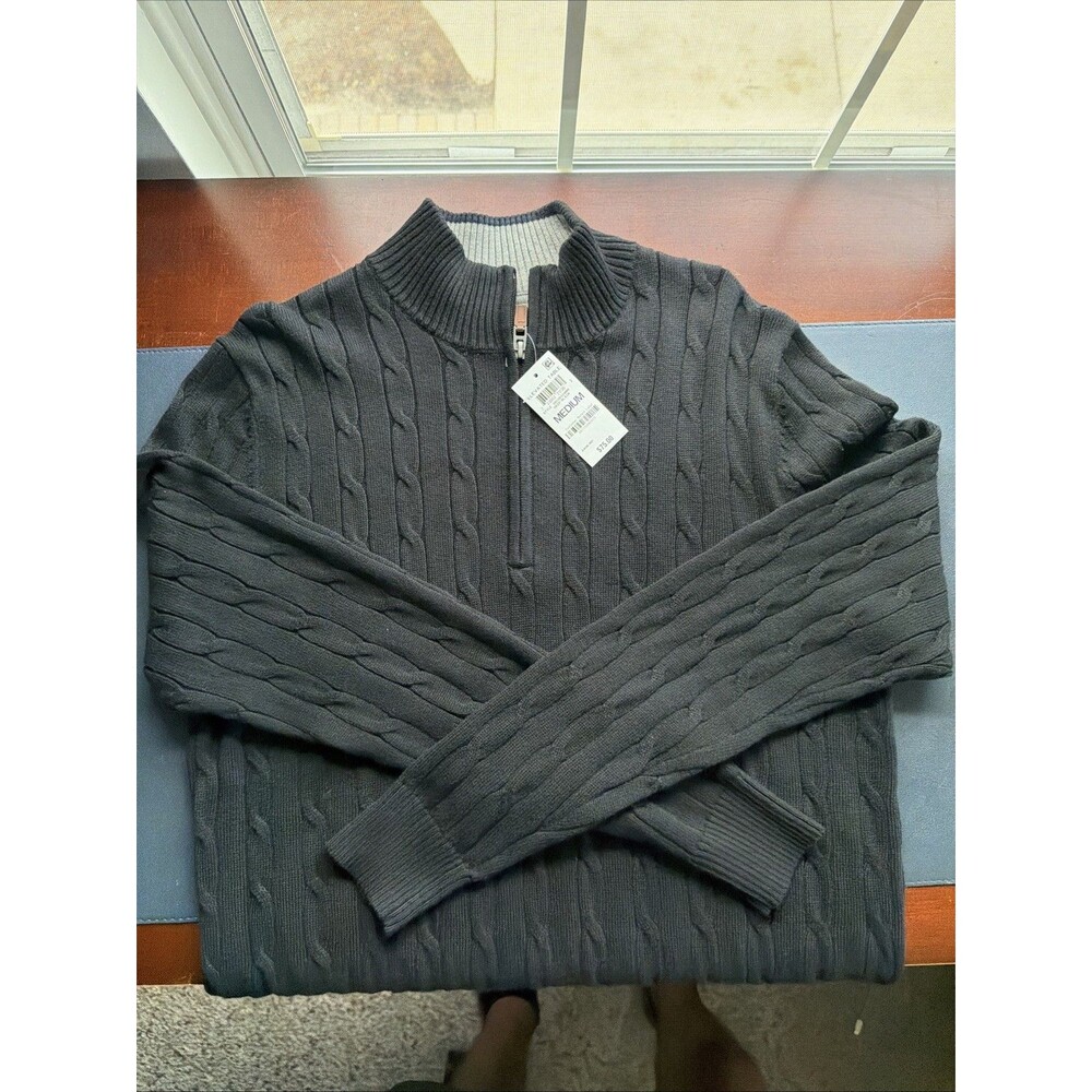Club Room Men's Cable Knit Quarter-Zip Cotton Sweater Deep Black Size Medium $75